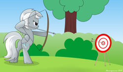 Size: 1803x1063 | Tagged: safe, artist:bluemeganium, derpibooru import, silverspeed, archery, arrow, bow (weapon), bow and arrow, bullseye, dexterous hooves, solo, weapon