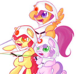 Size: 1300x1258 | Tagged: safe, artist:portal-pie, derpibooru import, apple bloom, scootaloo, sweetie belle, adorabloom, clothes, costume, crossover, cute, cutealoo, cutie mark crusaders, diasweetes, portal, portal (valve), simple background, transparent background, turret