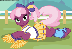 Size: 5050x3434 | Tagged: safe, artist:an-tonio, artist:brianblackberry, color edit, derpibooru exclusive, edit, cheerilee, earth pony, pony, absurd resolution, bedroom eyes, bottomless, bow, cheeribetes, cheerileeder, cheerleader, clothes, colored, cute, female, fence, looking at you, mare, partial nudity, pleated skirt, ponytail, prone, skirt, skirt lift, solo