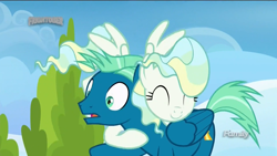 Size: 1366x768 | Tagged: safe, derpibooru import, screencap, sky stinger, vapor trail, pony, top bolt, discovery family logo, hug