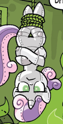 Size: 240x468 | Tagged: safe, derpibooru import, idw, sweetie belle, sweetie bot, pony, robot, robot pony, unicorn, friends forever, spoiler:comic, spoiler:comicff2, :<, female, filly, glare, hooves, horn, lidded eyes, outfit catalog, rope, solo, suspended, sweetie belle is not amused, tied up, unamused, upside down