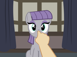 Size: 2772x2048 | Tagged: safe, artist:badumsquish, derpibooru exclusive, maud pie, human, boop, female, grin, hand, offscreen character, pov, sitting, smiling, solo, somber, this will end with rocks