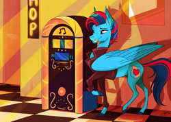 Size: 3000x2131 | Tagged: safe, artist:probablyfakeblonde, derpibooru import, oc, oc only, oc:andrew swiftwing, pegasus, pony, 50s, bits, clothes, cutie mark, diner, greaser, hair over one eye, jacket, jukebox, leather jacket, male, stallion, wings