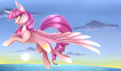 Size: 5100x3000 | Tagged: safe, artist:scarlet-spectrum, derpibooru import, oc, oc only, oc:dawning love, alicorn, pony, absurd resolution, alicorn oc, art trade, flying, ocean, solo