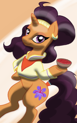 Size: 1200x1920 | Tagged: safe, artist:theroyalprincesses, derpibooru import, saffron masala, pony, spice up your life, bandana, bipedal, bowl, chef, clothes, ear piercing, food, indian, looking at you, piercing, smiling, solo, wavy mouth