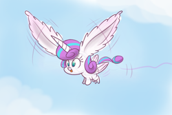 Size: 1280x853 | Tagged: safe, artist:heir-of-rick, princess flurry heart, alicorn, pony, cloud, dumbo, ear fluff, flying, impossibly large ears, large ears, sky, solo, tongue out