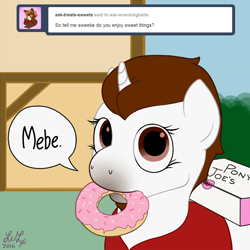 Size: 1024x1024 | Tagged: safe, artist:webster, derpibooru import, oc, oc only, oc:wrecking ball, pony, unicorn, clothes, donut, eyelashes, food, question and answer, solo, sprinkles, vest