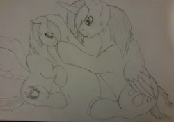 Size: 2675x1869 | Tagged: safe, artist:teardrop, derpibooru import, oc, oc only, oc:fraziro, oc:tear drop, alicorn, pegasus, pony, collaboration, boop, father and child, father and daughter, female, male, mare, monochrome, parent and child, pencil drawing, traditional art
