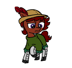 Size: 640x600 | Tagged: safe, artist:ficficponyfic, color edit, derpibooru import, edit, oc, oc only, oc:ruby rouge, earth pony, pony, child, clothes, color, colored, colt quest, concerned, dress, feather, female, filly, foal, frown, hat, leggings, simple background, solo, tomboy, white background