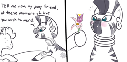 Size: 1280x623 | Tagged: dead source, safe, artist:yakoshi, derpibooru import, zecora, anon pony, zebra, blushing, dialogue, flower, monochrome, newbie artist training grounds, rhyme, sweatdrop