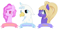 Size: 1024x518 | Tagged: safe, artist:hirundoarvensis, derpibooru import, oc, oc only, oc:hinda rose, oc:jeremiah, oc:kogane, earth pony, griffon, pony, simple background