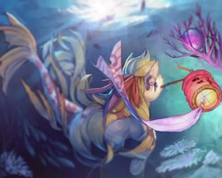 Size: 1024x819 | Tagged: safe, artist:dirtytimi, derpibooru import, oc, oc only, oc:lana, sea pony, mouth hold, solo, underhoof, underwater