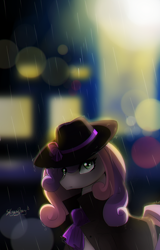 Size: 768x1200 | Tagged: safe, artist:skyeypony, derpibooru import, sweetie belle, bust, city, cloak, clothes, depth of field, detective, hat, lens flare, noir, older sweetie belle, portrait, rain, solo, trenchcoat, wide-brimmed hat