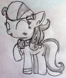 Size: 691x810 | Tagged: safe, artist:thefanficfanpony, derpibooru import, strawberry parchment, stranger than fan fiction, blushing, clothes, monochrome, pencil drawing, scarf, solo, traditional art