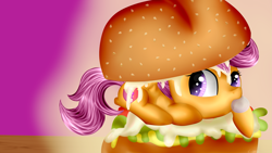 Size: 3309x1861 | Tagged: safe, artist:lixthefork, derpibooru import, scootaloo, burger, chicken burger, cute, cutealoo, cutie mark, food, scootachicken, solo, the cmc's cutie marks