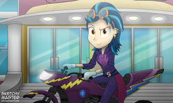 Size: 2500x1500 | Tagged: safe, artist:sketchzi, derpibooru import, indigo zap, equestria girls, friendship games, clothes, commission, crystal prep academy, dirt bike, ear piercing, goggles, motorcross, motorcross outfit, piercing, riding, solo