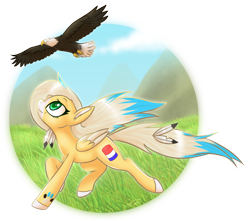 Size: 1392x1232 | Tagged: safe, artist:doekitty, derpibooru import, oc, oc only, oc:jo-jo, bald eagle, bird, eagle, feather, running, solo