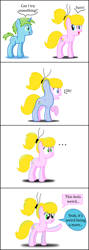 Size: 2183x6100 | Tagged: safe, artist:bladedragoon7575, derpibooru import, oc, oc only, oc:balance blade, oc:lola balloon, body control, bubble, bubble pony, comic, cute, dialogue, encasement, possession, speech bubble