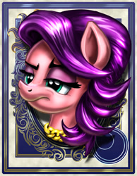 Size: 700x900 | Tagged: safe, artist:harwick, derpibooru import, spoiled rich, earth pony, pony, bust, chain necklace, female, frown, harwick's sun/moon portraits, jewelry, lidded eyes, mare, mother, necklace, portrait, solo
