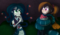 Size: 900x529 | Tagged: safe, artist:wubcakeva, oc, oc only, oc:cupcake slash, gorgon, medusa, monster girl, snake, equestria girls, clothes, coils, equestria girls-ified, pants, scared