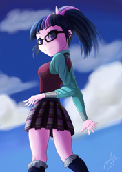 Size: 763x1080 | Tagged: safe, artist:the-park, sci-twi, twilight sparkle, equestria girls, clothes, cute, glasses, legs, looking back, moe, pleated skirt, ponytail, skirt, sky, socks, solo, standing, upskirt