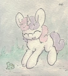 Size: 688x771 | Tagged: safe, artist:slightlyshade, derpibooru import, sweetie belle, frog, cute, diasweetes, rain, smiling, solo, traditional art