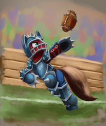 Size: 1325x1561 | Tagged: safe, artist:otakuap, derpibooru import, oc, oc only, american football, armor, blood bowl, catching, crossover, dangerous, field, helmet, playing, running, solo, spikes, sports, warhammer (game), warhammer fantasy