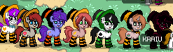 Size: 494x148 | Tagged: safe, derpibooru import, oc, oc only, oc:ace of spades, oc:burgundy, oc:debra rose, oc:pon, oc:seafood dinner, clothes, costume, halloween, hat, pony town, socks, striped socks