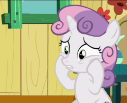 Size: 590x480 | Tagged: safe, derpibooru import, edit, edited screencap, screencap, sweetie belle, the fault in our cutie marks, animated, caption, confjused, cutie mark, frown, gif, gritted teeth, meme, reaction image, solo, squishy cheeks, text, the cmc's cutie marks, wide eyes