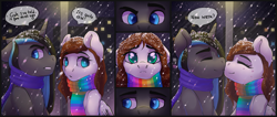 Size: 3400x1436 | Tagged: safe, derpibooru import, oc, oc only, earth pony, pony, unicorn, clothes, comic, female, male, oc x oc, scarf, shipping, snow, snowfall, speech bubble, straight