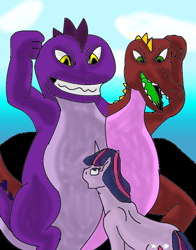 Size: 600x767 | Tagged: safe, artist:mojo1985, derpibooru import, twilight sparkle, crocodile, shark, conjoined, fight, the life and times of juniper lee, two heads, versus, what has magic done