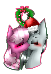 Size: 715x1030 | Tagged: safe, artist:alithecat1989, cheerilee, marble pie, earth pony, pony, blushing, bust, christmas wreath, clothes, crack shipping, eyes closed, female, hat, holly, kissing, lesbian, marbilee, mistletoe, santa hat, scarf, shipping, simple background, transparent background, wreath