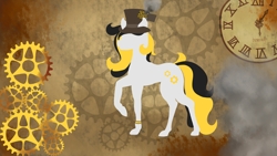 Size: 2560x1440 | Tagged: safe, artist:heniek, derpibooru import, oc, oc only, clock, silhouette, solo, steampunk