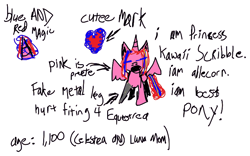 Size: 742x462 | Tagged: safe, artist:chopsticks, derpibooru import, oc, oc only, oc:princess kawaii scribble, alicorn, pony, alicorn oc, color, joke oc, solo