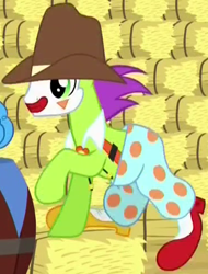 Size: 371x489 | Tagged: safe, derpibooru import, screencap, earth pony, pony, appleoosa's most wanted, appleloosa resident, background pony, clothes, clown, cowboy hat, cropped, hat, makeup, male, pants, rodeo clown, shoes, stallion, suspenders, unnamed pony