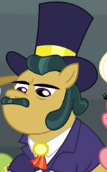 Size: 437x701 | Tagged: safe, derpibooru import, screencap, earth pony, pony, appleoosa's most wanted, appleloosa resident, background pony, clothes, cropped, facial hair, hat, male, moustache, stallion, suit, top hat, unnamed pony