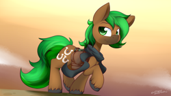 Size: 1280x720 | Tagged: safe, artist:dshou, derpibooru import, oc, oc only, oc:jaeger, oc:jaeger sylva, clothes, looking at you, raised hoof, saddle bag, scarf, solo