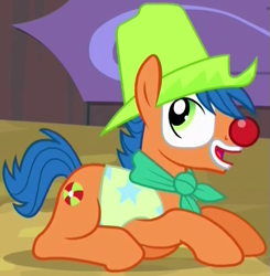 Size: 575x586 | Tagged: safe, derpibooru import, screencap, earth pony, pony, appleoosa's most wanted, appleloosa resident, background pony, clothes, clown, clown nose, cowboy hat, cropped, hat, makeup, male, prone, rodeo clown, solo, stallion, unnamed pony