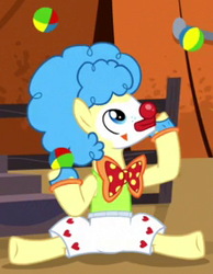 Size: 222x286 | Tagged: safe, derpibooru import, screencap, earth pony, pony, appleoosa's most wanted, appleloosa resident, background pony, bowtie, clothes, clown, clown nose, cropped, juggling, makeup, male, rodeo clown, solo, stallion, unnamed pony, wig