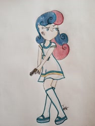 Size: 1536x2048 | Tagged: safe, artist:tanitiupi14, derpibooru import, bon bon, sweetie drops, equestria girls, gun, handgun, pistol, secret agent sweetie drops, solo, traditional art