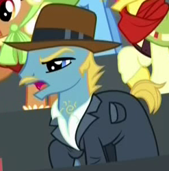 Size: 295x298 | Tagged: safe, derpibooru import, screencap, not noteworthy, earth pony, pony, appleoosa's most wanted, appleloosa resident, background pony, bush league, chest hair, clothes, coat, cowboy hat, cropped, facial hair, hat, male, moustache, solo focus, stallion