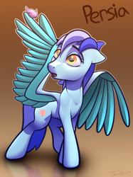 Size: 2048x2732 | Tagged: safe, artist:autello, derpibooru import, oc, oc only, oc:persia, bird, pegasus, pony, female, floppy ears, gradient background, large wings, mare, muscles, open mouth, reflection, solo, spread wings