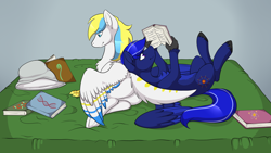 Size: 3256x1833 | Tagged: safe, artist:heartscharm, derpibooru import, oc, oc only, oc:cirrus sky, oc:neutrino burst, hippogriff, bed, book, cute, reading, relaxing, studying