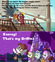 Size: 1920x2148 | Tagged: safe, derpibooru import, edit, edited screencap, screencap, alula, gabby, noi, pipsqueak, piña colada, pluto, earth pony, griffon, ladybug, pony, luna eclipsed, the fault in our cutie marks, 4chan, all for me grog, applecore, bag, bipedal, boat, clothes, colt, costume, exploitable meme, gabby's shanty, helmet, lifejacket, male, meme, nightmare night, ocean, pirate, ship, standing, that's my x, trick or treat