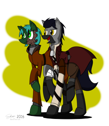 Size: 3700x4266 | Tagged: safe, artist:derpanater, derpibooru import, oc, oc only, oc:bountiful heart, oc:jumping jack, earth pony, pony, unicorn, fallout equestria, absurd resolution, bandage, beard, boots, clothes, coat, commission, digital art, dog tags, duo, eyeroll, facial hair, jacket, scar, scarred, shading, signature, simple background, smiling, sweater, walking