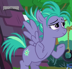 Size: 1095x1060 | Tagged: safe, derpibooru import, screencap, pony, top bolt, air pop, aqua burst, bags under eyes, mother, rope, sky stinger's family, smiling, solo, tire swing, trampoline