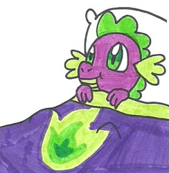 Size: 441x452 | Tagged: safe, artist:cmara, derpibooru import, spike, dragon, bed, in bed, solo, traditional art