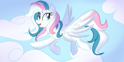 Size: 900x450 | Tagged: safe, artist:wubcakeva, star catcher, pegasus, pony, g3, female, flying, looking back, mare, open mouth, sky, smiling, solo