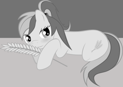 Size: 1201x844 | Tagged: safe, artist:nursey, derpibooru exclusive, derpibooru import, oc, oc only, oc:wheatgrass, amputee, author:themastereraser, blushing, enduring strength, grayscale, monochrome, solo