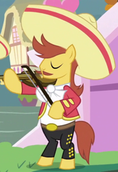 Size: 350x509 | Tagged: safe, derpibooru import, screencap, earth pony, pony, it ain't easy being breezies, background pony, hat, luis, male, mariachi, musical instrument, solo, stallion